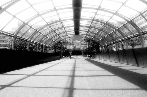 AfD zersetzt, zerstört, hasst. Sonst nichts. Foto © Tom Rübenach Das Foto zeigt einen überdachten Durchgang, dessen Konturen nach unten Schatten werfen.