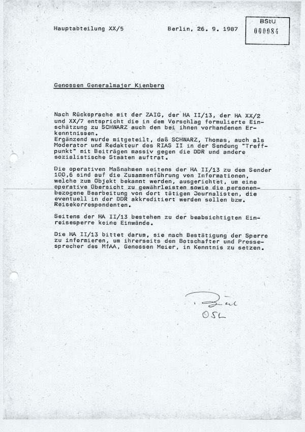 Akte des Staatssicherheitsdienstes der DDR über die Einreisesperre für Thomas Schwarz vom 26. 9. 1987 | Quelle Stasiunterlagen-Behörde